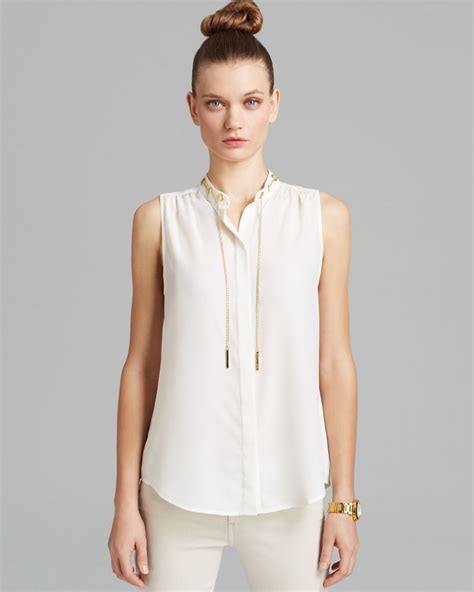 michael kors black and white blouse with gold bar|Michael Kors sleeveless tops.